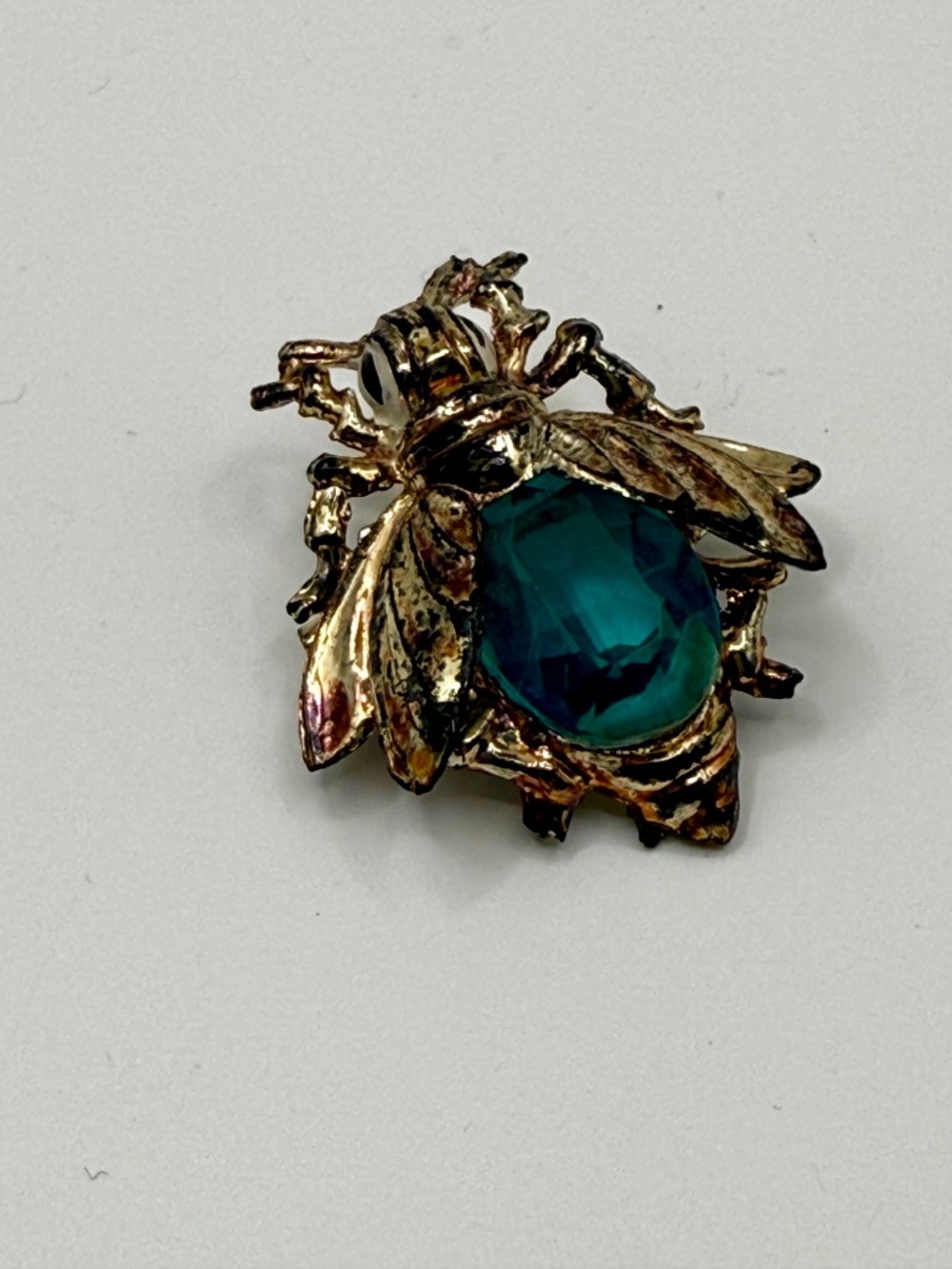Vintage Bee Insect Brooch Blue Green Glass Jelly Belly Figural Pin